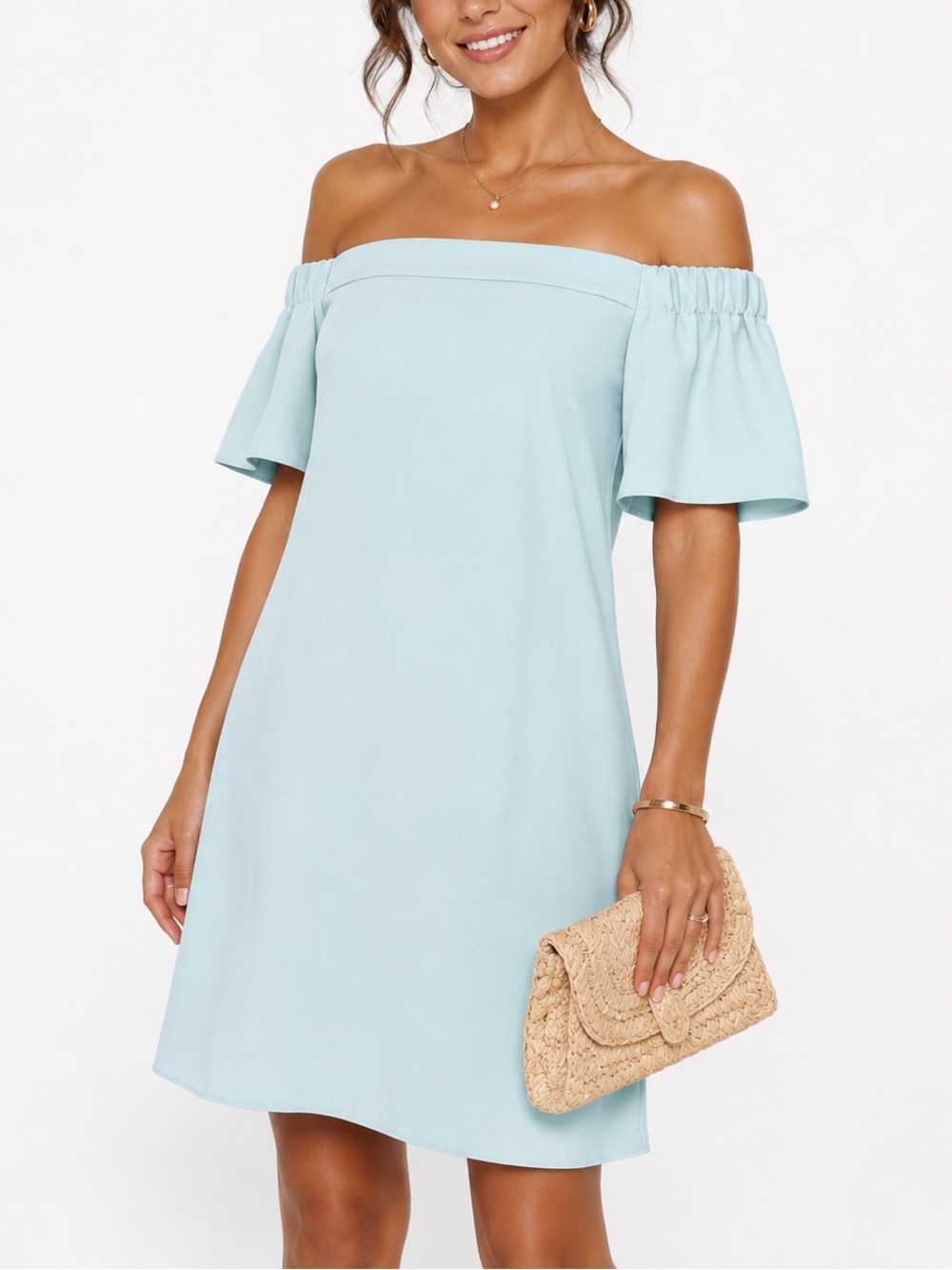 Topshop Mint Blue Off-The-Shoulder Beachy Coastal Seaside Shift Dress Size 8